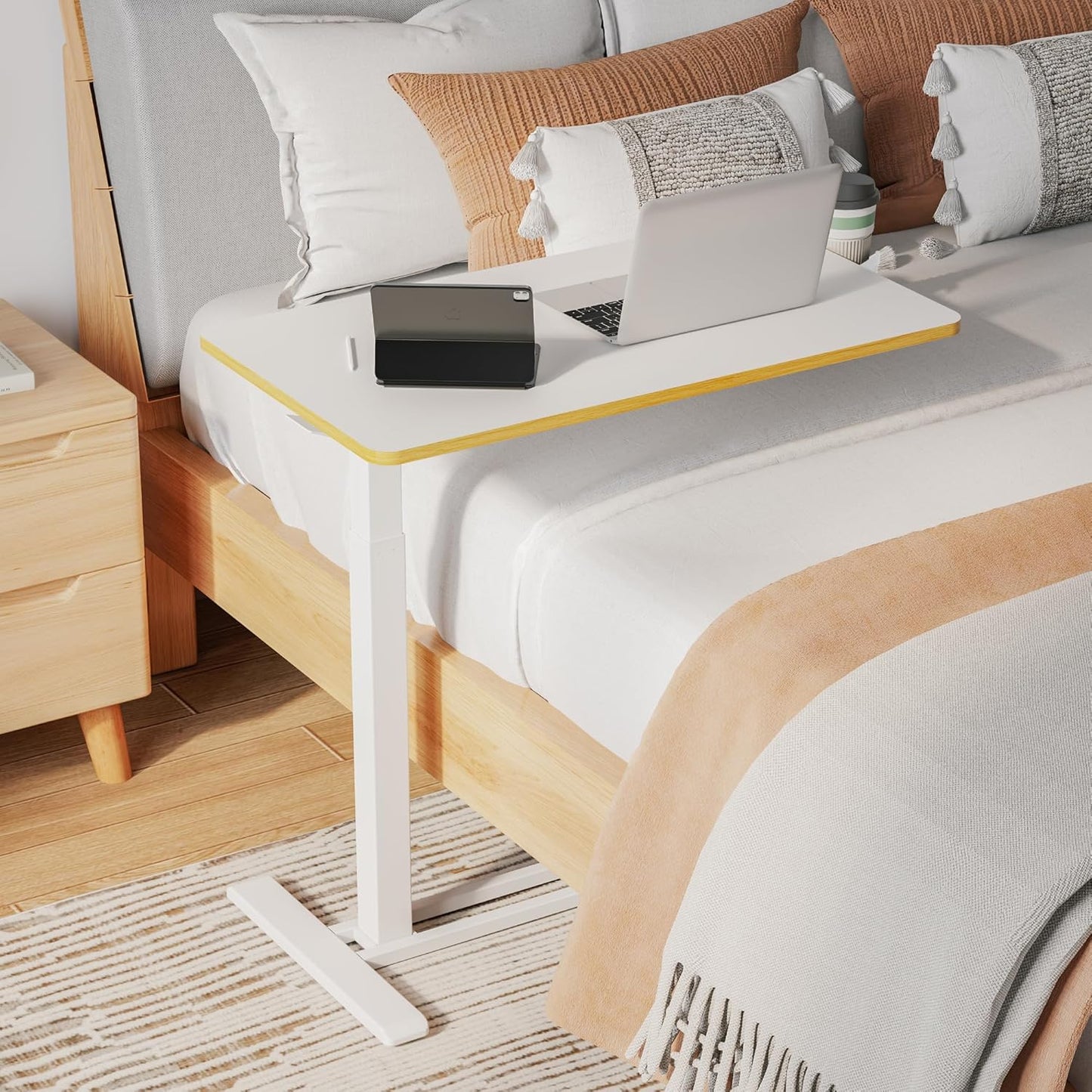SANODESK Medical Adjustable Overbed Bedside Table with Hidden Casters, Pneumatic Mobile Laptop Computer Standing Desk Cart Overbed Table with Tray, Hospital and Home Use(27.6" W x 15.7" D, White)