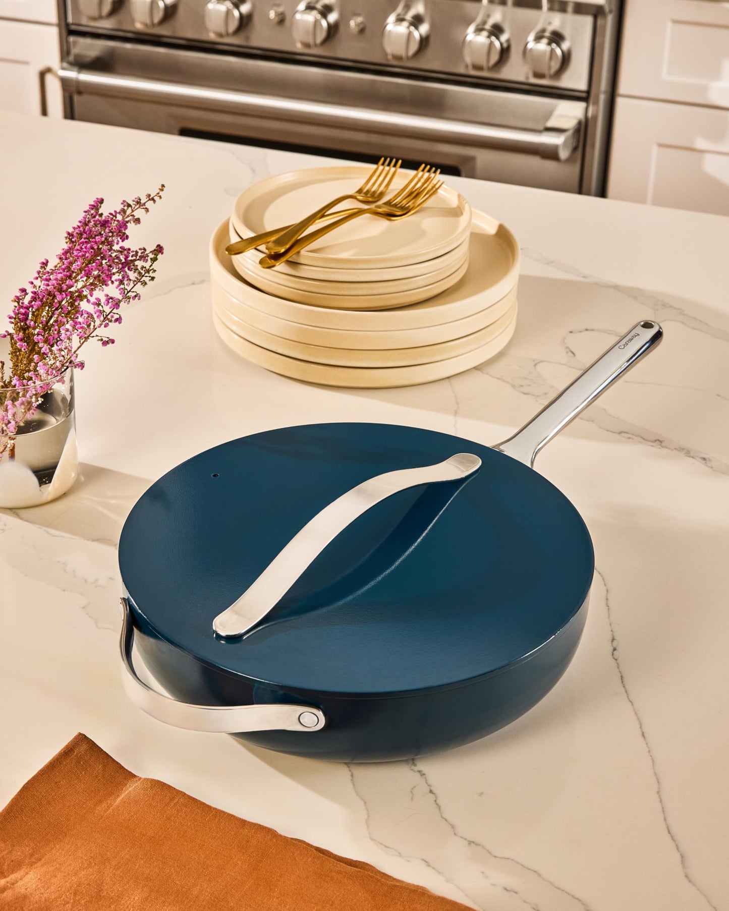 Caraway Nonstick Ceramic Sauté Pan with Lid (4.5 qt, 11.8") - Non Toxic, PTFE & PFOA Free - Oven Safe & Compatible with All Stovetops (Gas, Electric & Induction) - Marigold