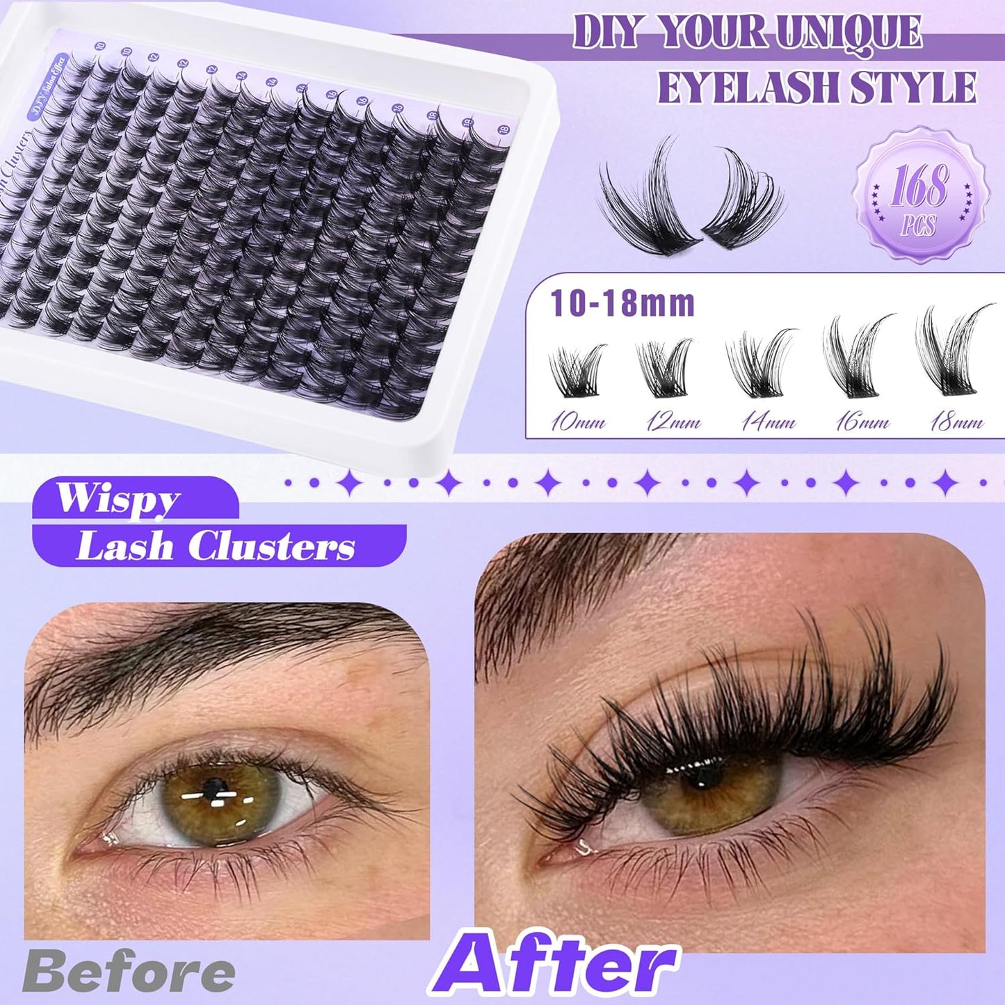 ALICE DIY Eyelash Extension Kit | 196pcs Natural Wispy Clusters | 10-18mm