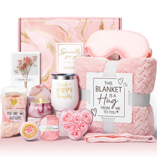 Birthday Gifts for Women Self Care Get Well Soon Gift Baskets, Rose Relaxing Spa Gift Basket Care Package w/ Luxury Flannel Blanket, Unique Valentines Day Gifts for Mom Her Friend Sister Wife Grandma