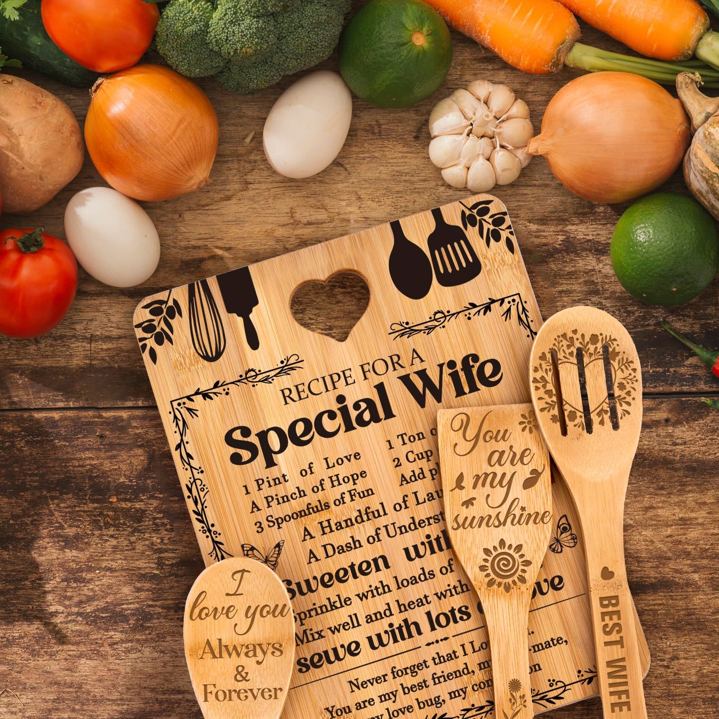 Valentine Day Gifts for Wife - "Recipe for a Special Wife" Valentine's Day Gifts for Her Cutting Board Set, Bamboo-Made Engraved Utensil Set Gifts for Wife