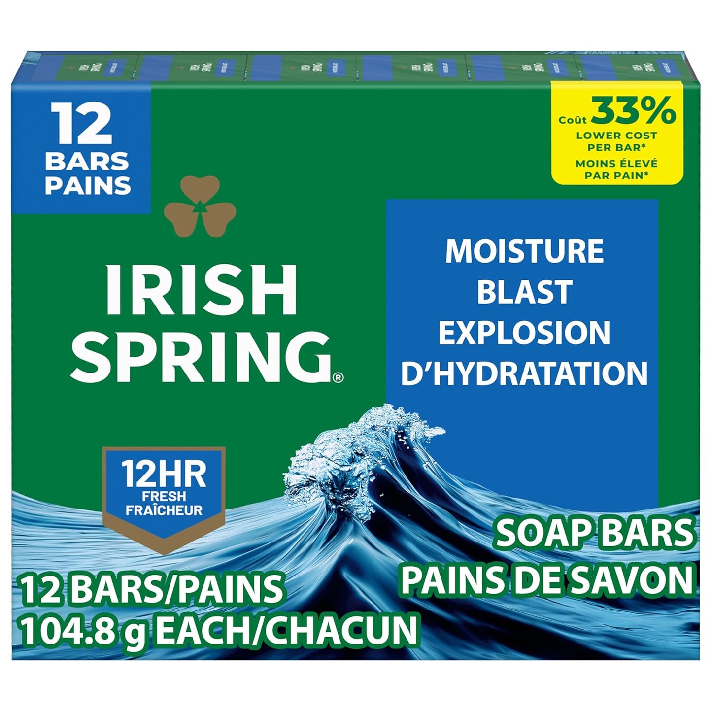 Irish Spring Moisture Blast Deodorant Soap | 12-Hour Freshness | 3.7 oz Bar (12 Pack)