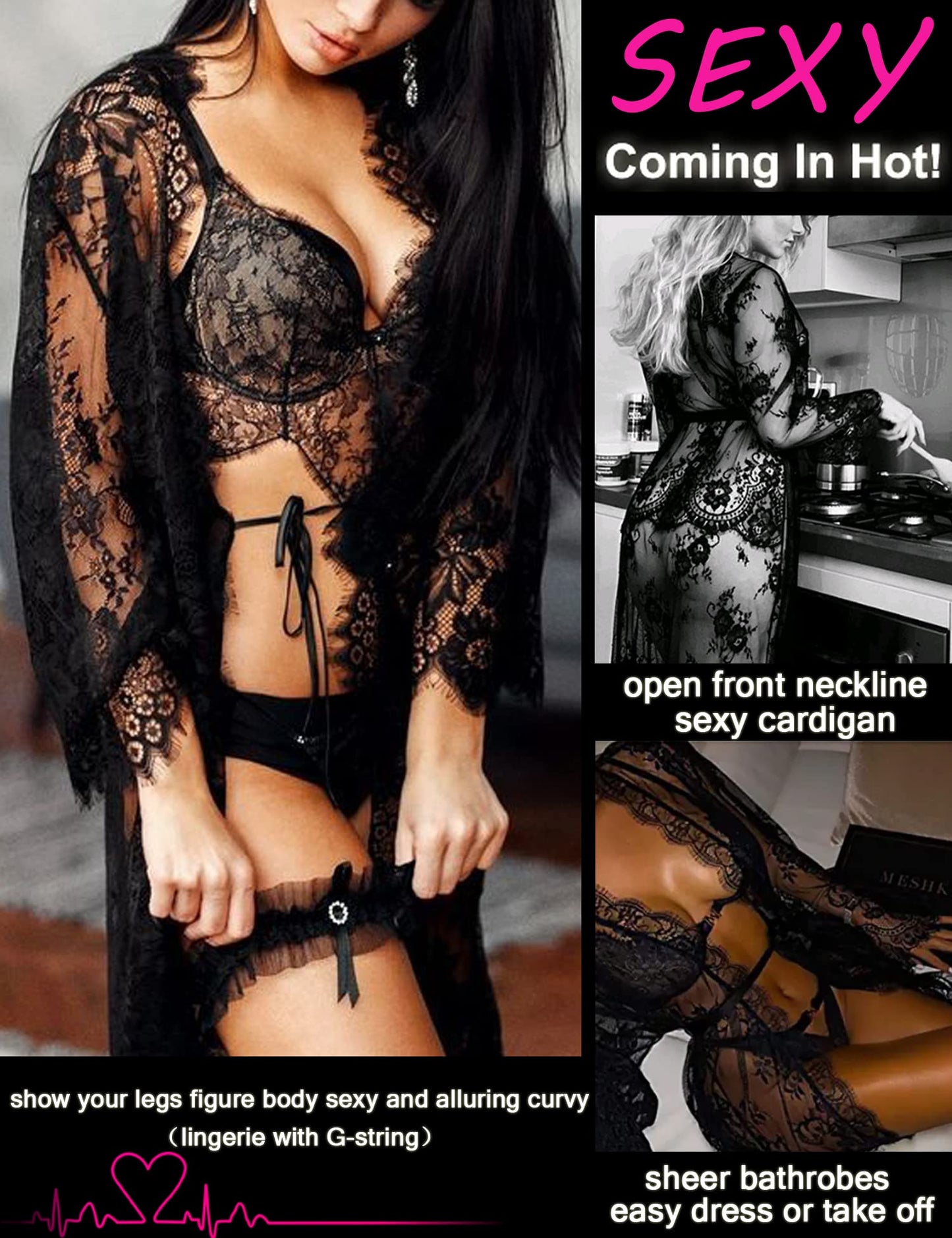 Avidlove lace robe Women's Lace Kimono Robe Babydoll Lingerie Mesh Nightgown Black L