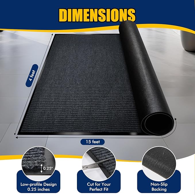 Extra Large Indoor/Outdoor Entrance Mat - 4 x 15 Feet, Rubber Border Door Mat Heavy Duty, Waterproof, Low-Profile, Easy to Clean, Rubber Entry Mat,Commercial Floor Mat, Charcoal Grey