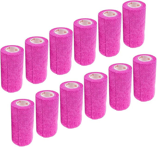 3 Inch Vet Wrap Tape Bulk (Fuchsia) (Pack of 12) Self Adhesive Adherent Adhering Flex Bandage Grip Roll for Dog Cat Pet Horse