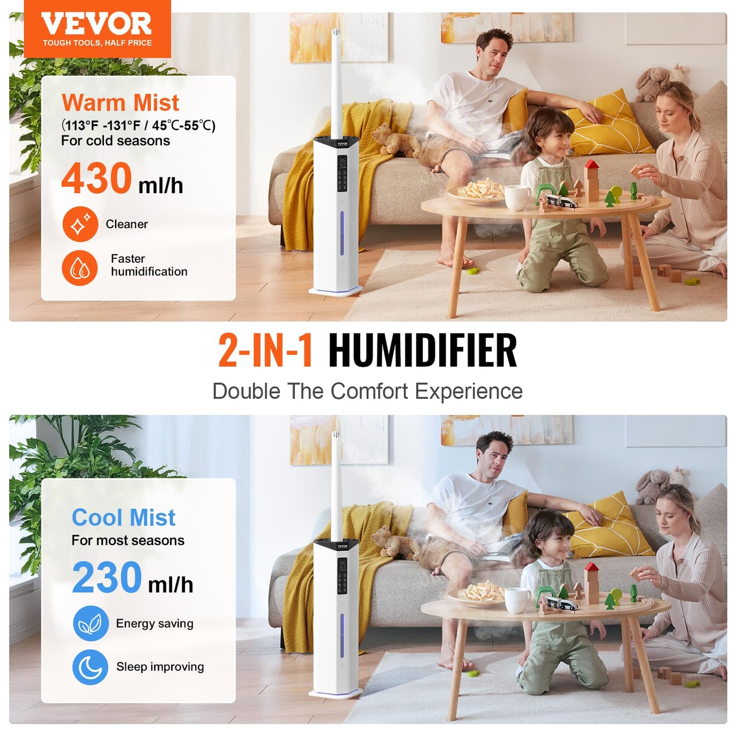 VEVOR Humidifier for Home Large Room, Commercial Humidifier for Whole House 1291.7 sq ft, 16L Water Tank & Night Light & 12h Timer & Auto Shut-Off, Greenhouse, Commercial Branch Tube w/ 360° Nozzle