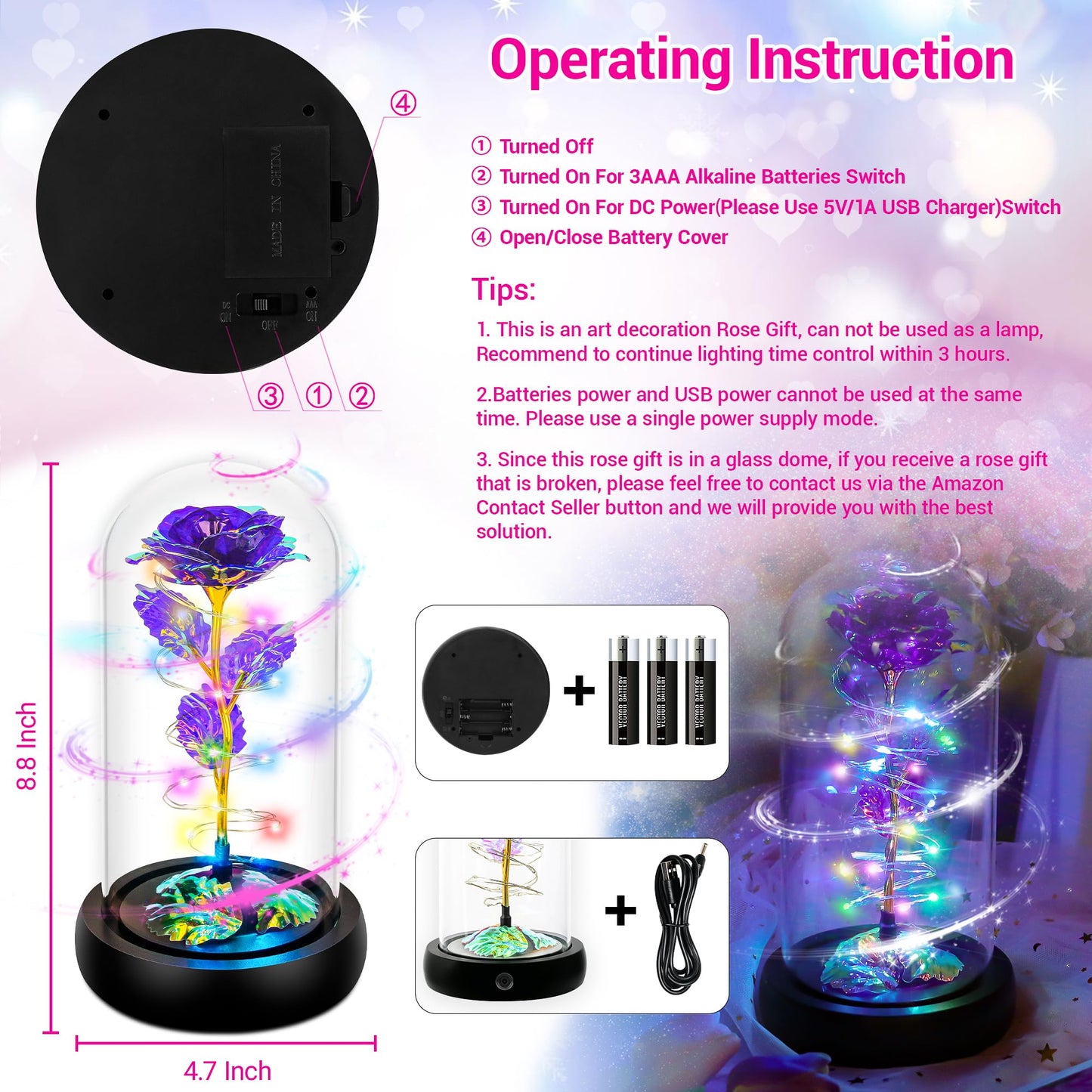 Childom Valentines Day Rose Gifts for Her,Birthday Gifts for Women Mom Mothers Day,Flowers for Delivery Prime,Rotating Purple Light Up Rose in A Glass Dome,Anniversary Valentines Rose Gift for Wife