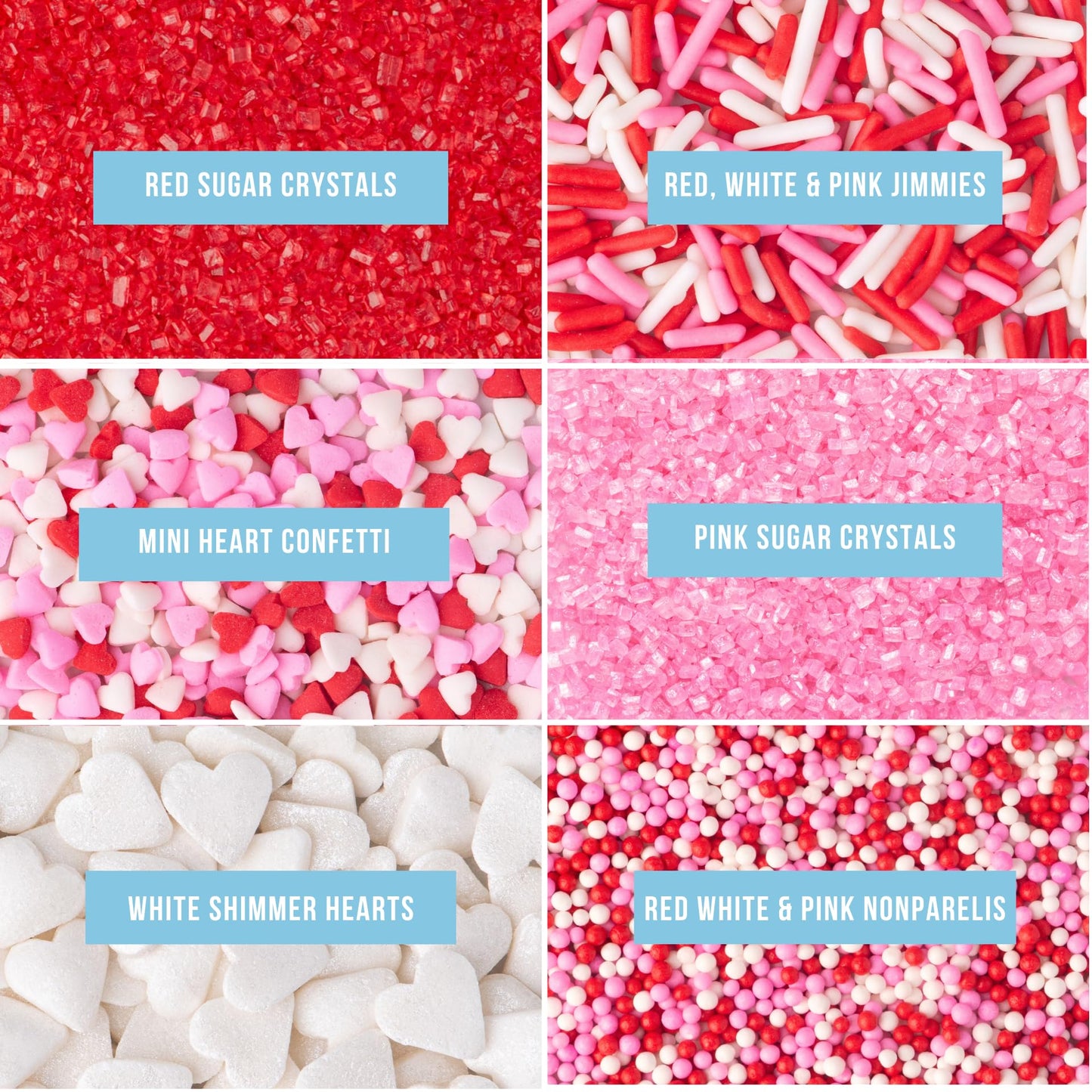 Sweets Indeed Valentines Sprinkles 6-Cell Jar | Heart Sprinkles, Red White Pink Jimmies & Sanding Sugar | Baking & Decorating | 6.45 ounces