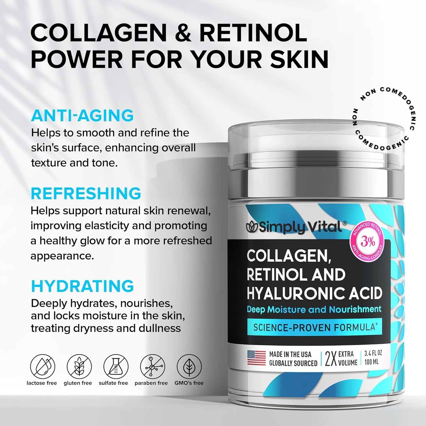 Collagen Face Moisturizer | Anti-Aging Retinol Cream with Hyaluronic Acid | 2-Pack