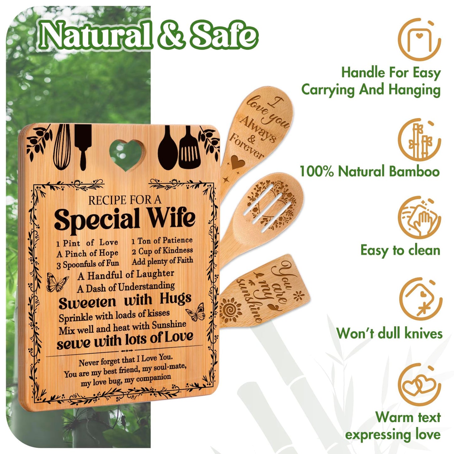 Valentine Day Gifts for Wife - "Recipe for a Special Wife" Valentine's Day Gifts for Her Cutting Board Set, Bamboo-Made Engraved Utensil Set Gifts for Wife