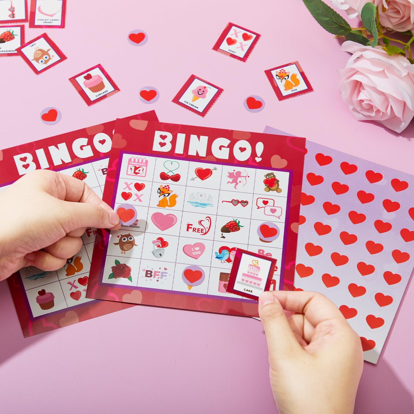 JOYIN 28 Players Valentine's Day Bingo Set, Game Cards for Kids School Classroom Party Supplies, Family Activity