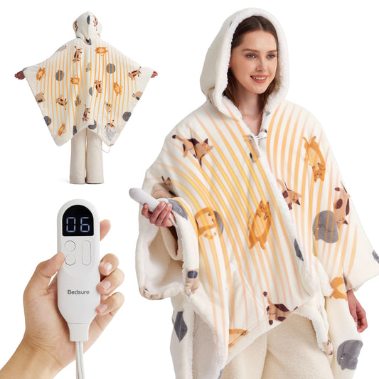 Bedsure Heated Blanket Wearable Shawl - Electric Wrap Poncho Blanket Hoodie for Adult, Birthday Gifts for Mom Women, Sherpa Heating Throw with 4 Time Settings & 6 Heat Settings, 55x64 inches, Grey