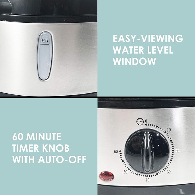 Elite Gourmet Maxi-Matic Electric Food Vegetable Steamer with BPA-Free 3 Tier Stackable, Nested Basket Trays, Auto Shut-off 60-min Timer, 800W, 9 Quart, Stainless Steel