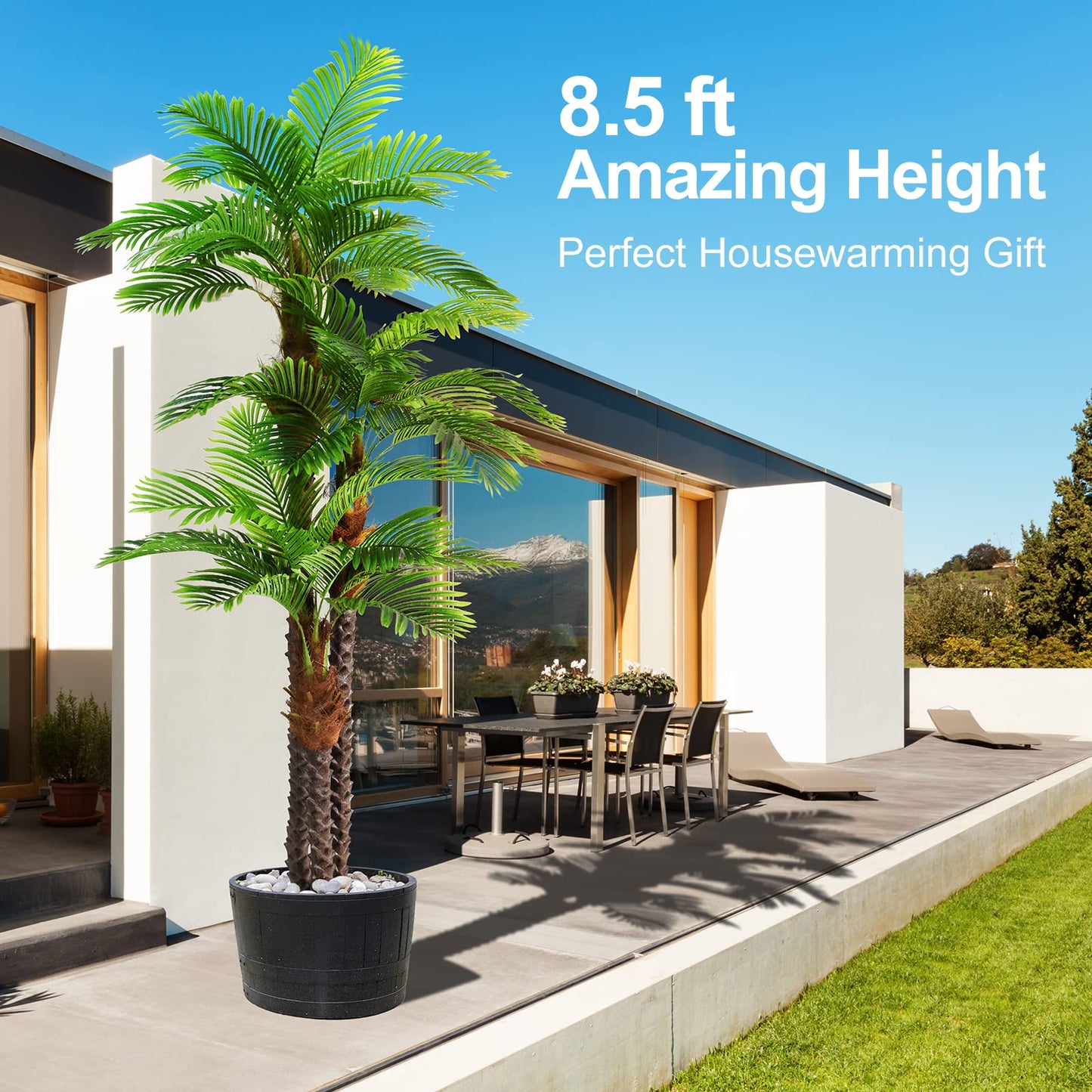 Keeplush 8.5ft Tall Artificial Palm Tree for Outdoors - Triple Phoenix Palm, UV Resistant, Large Fake Silk Palm Tree - Perfect for Patio, Poolside, Home Indoor Aesthetic Decor
