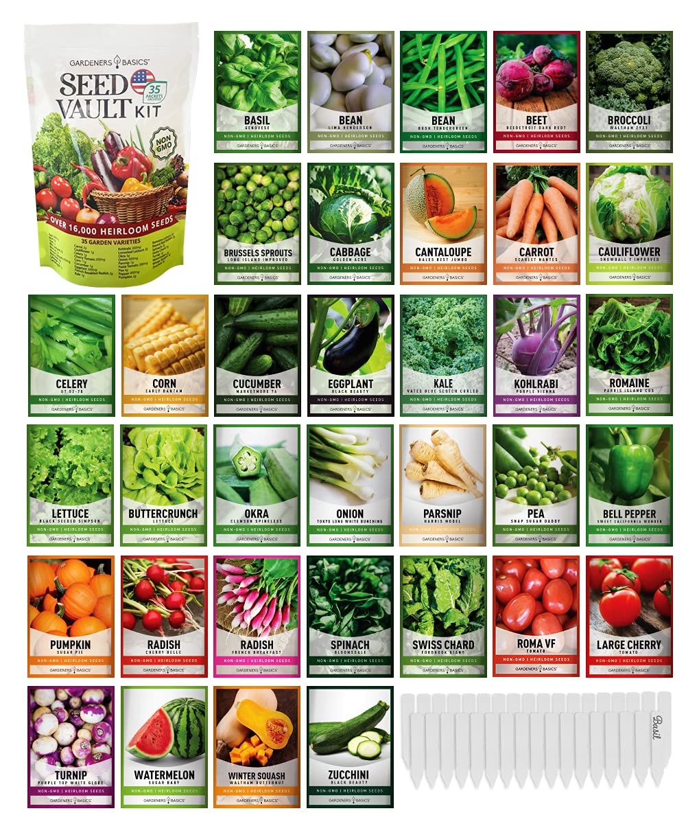Gardeners Basics Survival Vegetable Seeds Garden Kit Over 16,000 Seeds Non-GMO and Heirloom, Great for Emergency Bugout Survival Gear 35 Varieties Seeds for Planting Vegetables 35 Free Plant Markers
