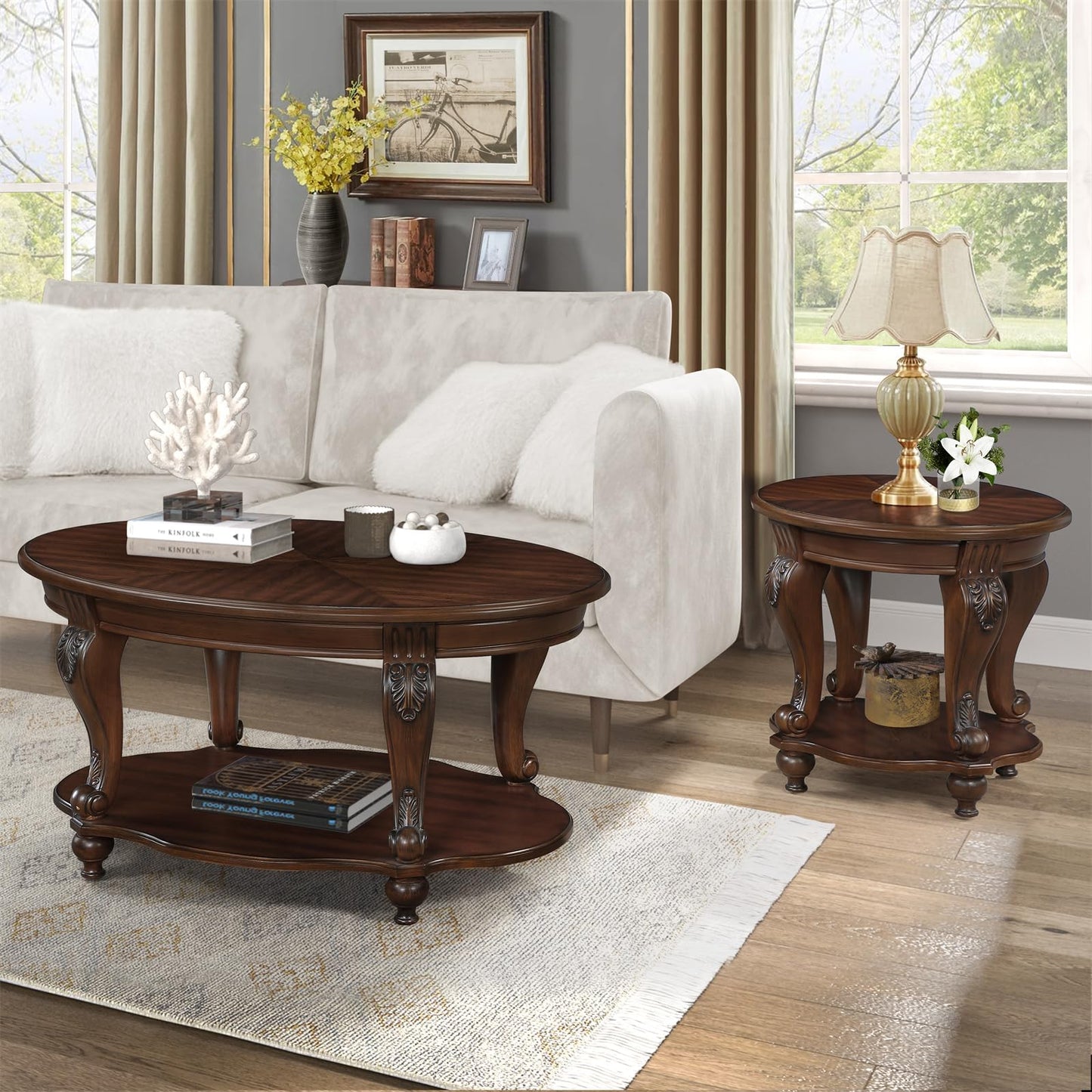 LKTART Oval Wood Coffee Tables for Living Room, Vintage Round Coffee Table with Carved Wood Legs, Tradition Elegant Coffee Table (Cherry, 42 Inch)