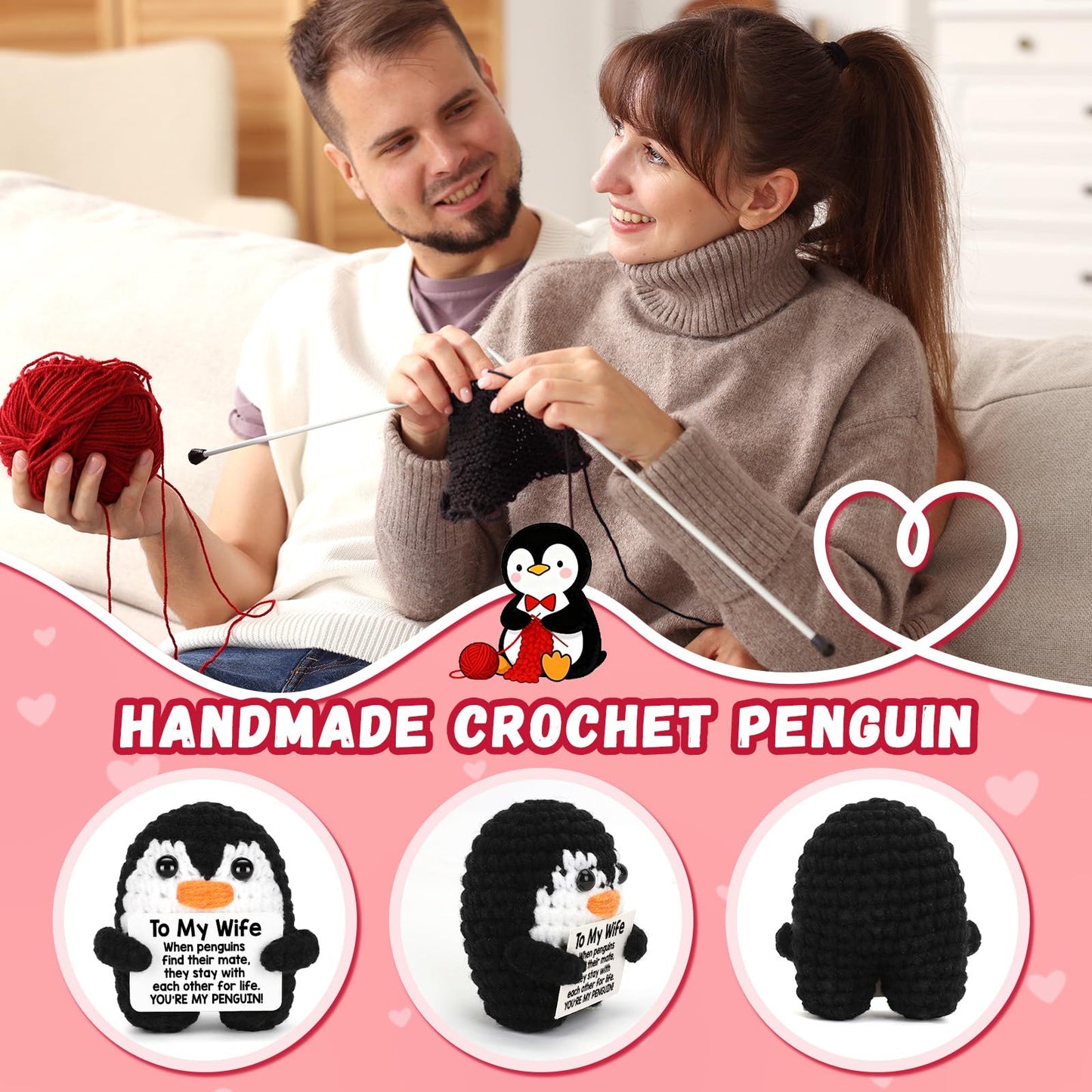 Valentines Day Gifts for Her Wife from Husband Birthday, To My Wife Handmade Crochet Emotional Mini Funny Penguin, Romantic Wedding Anniversary Valentine Gifts for Women Her, Small Love Sign Decor