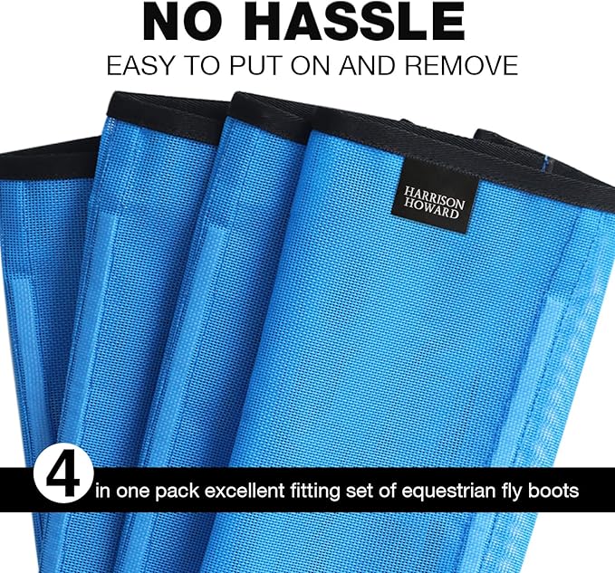 Harrison Howard Loose Fitting Fly Boots UV-Protective Extra Tough Mesh Ventilated Four Fasteners Stay-on Design Protect Horse Legs & Stomp-Reducing Set of 4 Sky Blue Pony