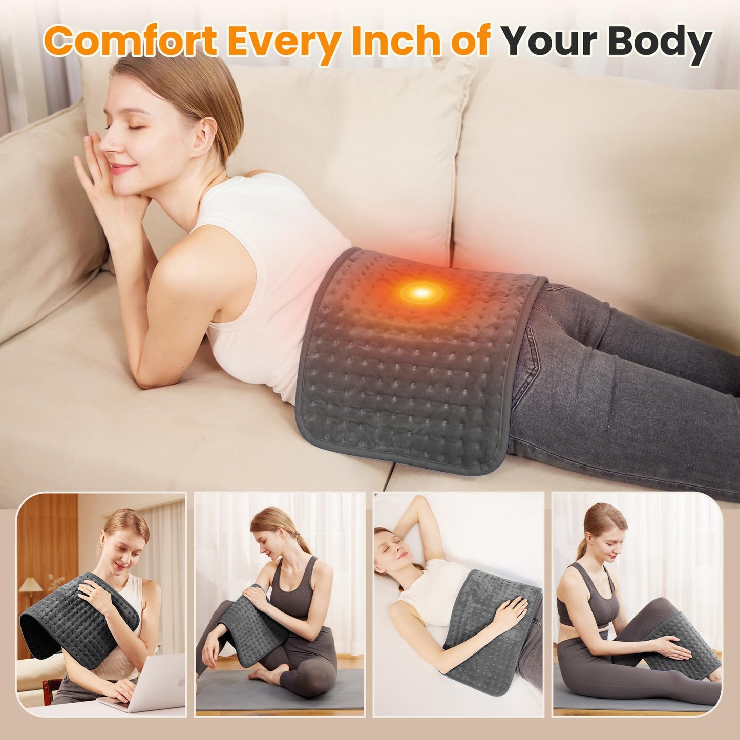 Electric Heating Pad for Back Pain Relief & Cramps - 6 Heat Settings,Auto Shut Off,Moist Heat Options,Portable Heated Pads for Neck/Shoulder Machine Washable Gift for Men Women,Grey,12"x24"