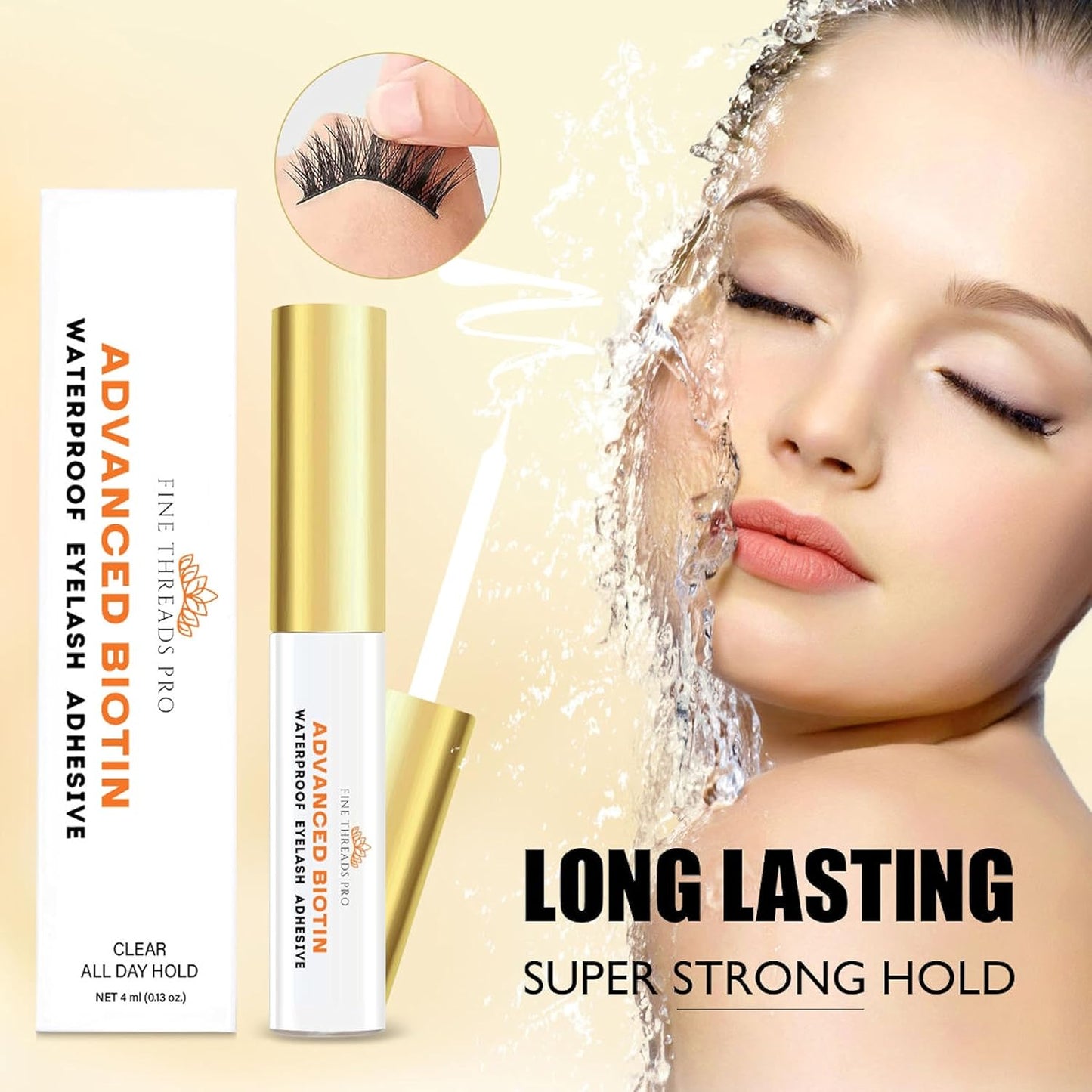 2 in 1 Clear Lash Glue with Lash Growth BIOTIN; Sensitive Eyes; Strong Hold Easy Brush On for False Eyelash Extensions, Strip Lashes, Mink, Wispy, Latex Free, No Parabens; Waterproof