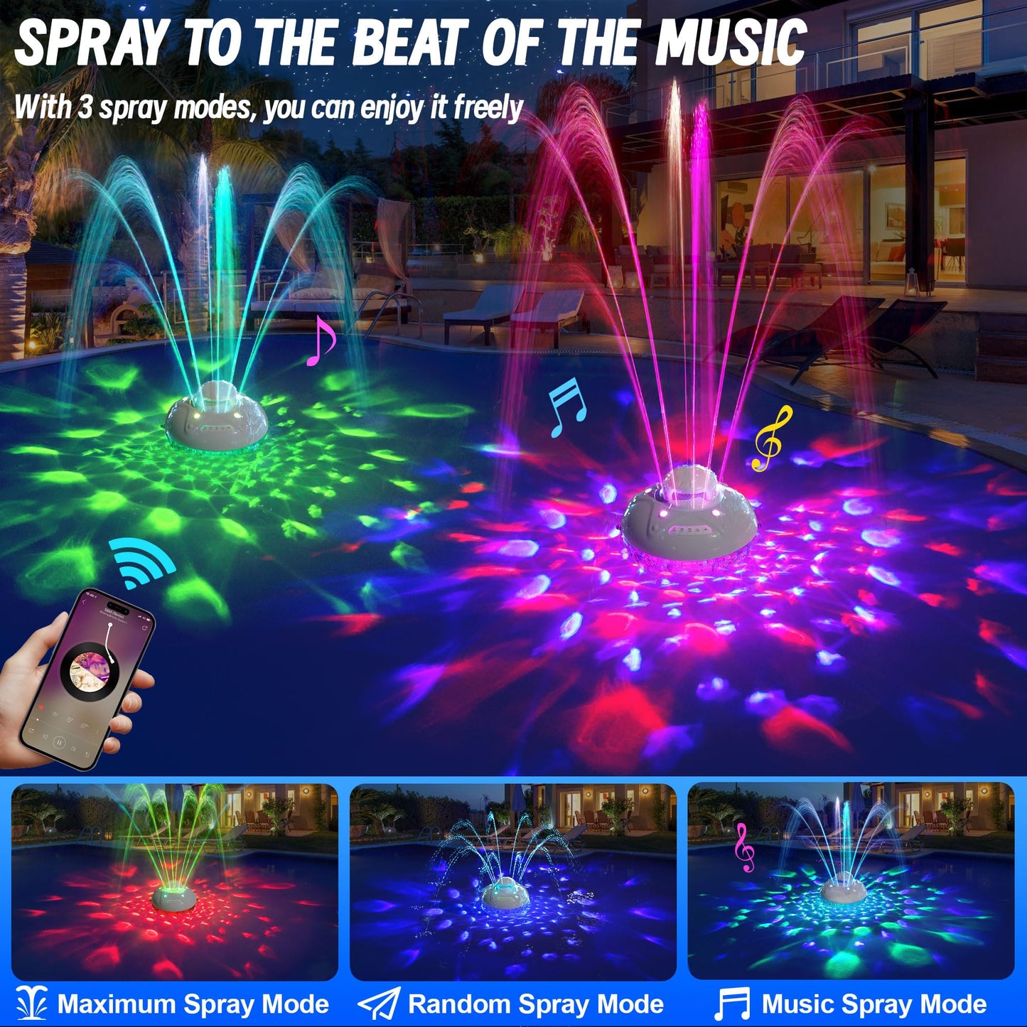 KingSom 3 in 1 Bluetooth Pool Speaker with Pool Fountain Light, 10000mAh Floating Pool Speaker, IP68 Waterproof Hot Tub Speakers, Loud Sound, BT5.4,24H Playtime Rechargeable pool Water Fountain, White