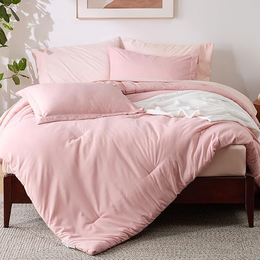 Bedsure Twin Comforter Set Pink, 6 Pieces Prewashed Twin Size Bed in a Bag with Soft Fleece Bed Blanket, Down Alternative Bedding Set for All Seasons, Sheets, Pillowcase & Sham