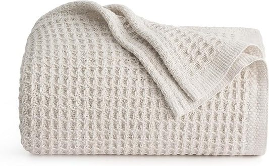 Bedsure 100% Cotton Large Throw Blanket for Couch 50x70 inches - Breathable and Soft, Waffle Weave Throw Blanket for Office, Light Beige