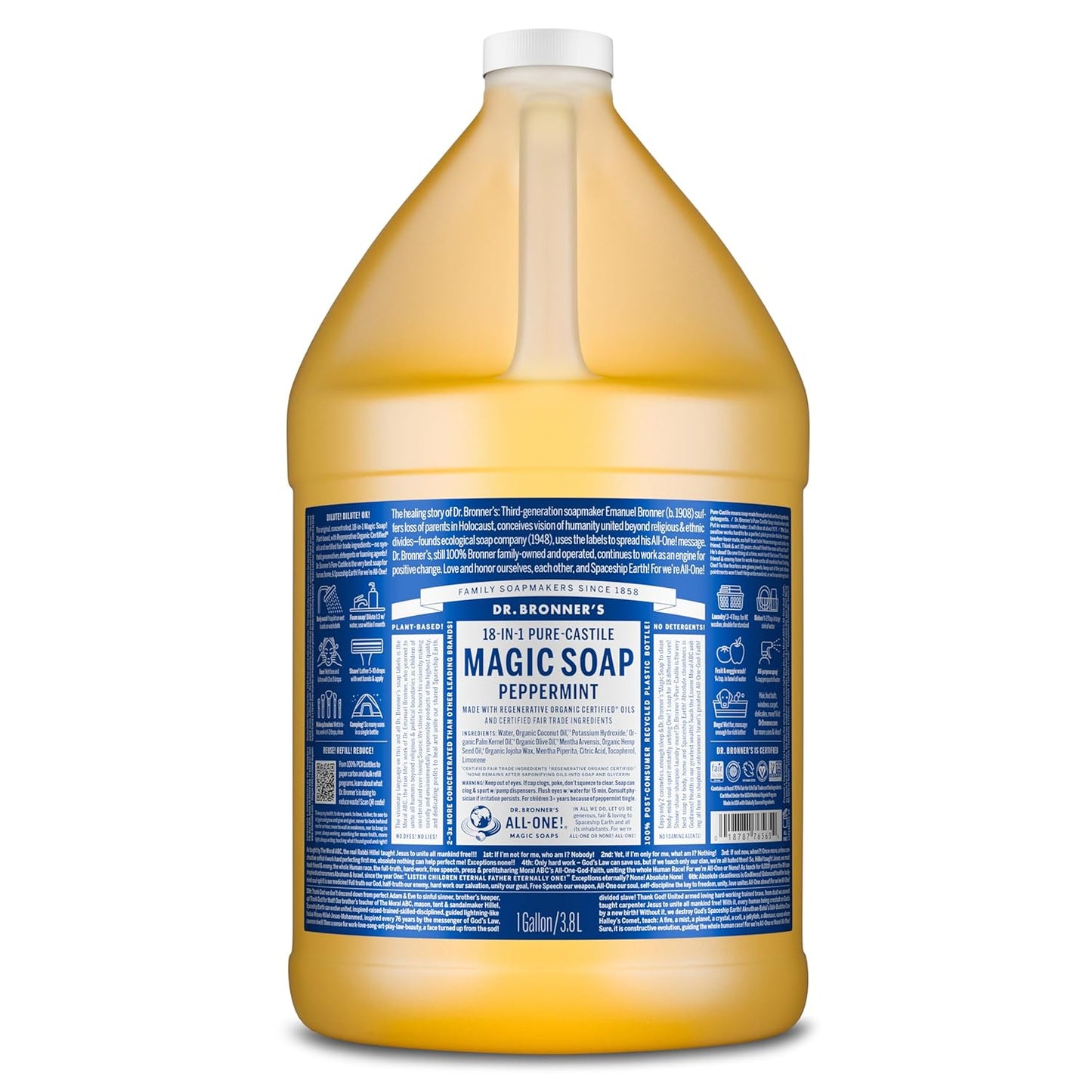 Dr. Bronner's Pure-Castile Soap | Peppermint Liquid, 1 Gallon – Eco-Friendly Hand & Body Wash