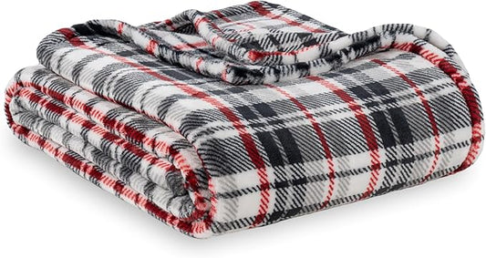 Berkshire Blanket-Classic Heavyweight Warm Soft Printed VelvetLoft® Plush Blanket, King Size Soft Fuzzy Blanket for Couch Sofa Bed, Plaid Black Red, 90in x 108in