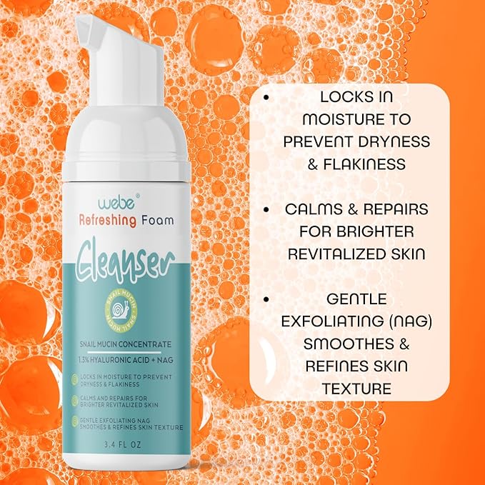 WEBE Refreshing Gentle Foam Cleanser | Snail Mucin, Hyaluronic Acid, N-Acetyl Glucosamine | Hydrating & Soothing Formula for Radiant, Moisturized Skin | Natural Skincare for all Skin Types