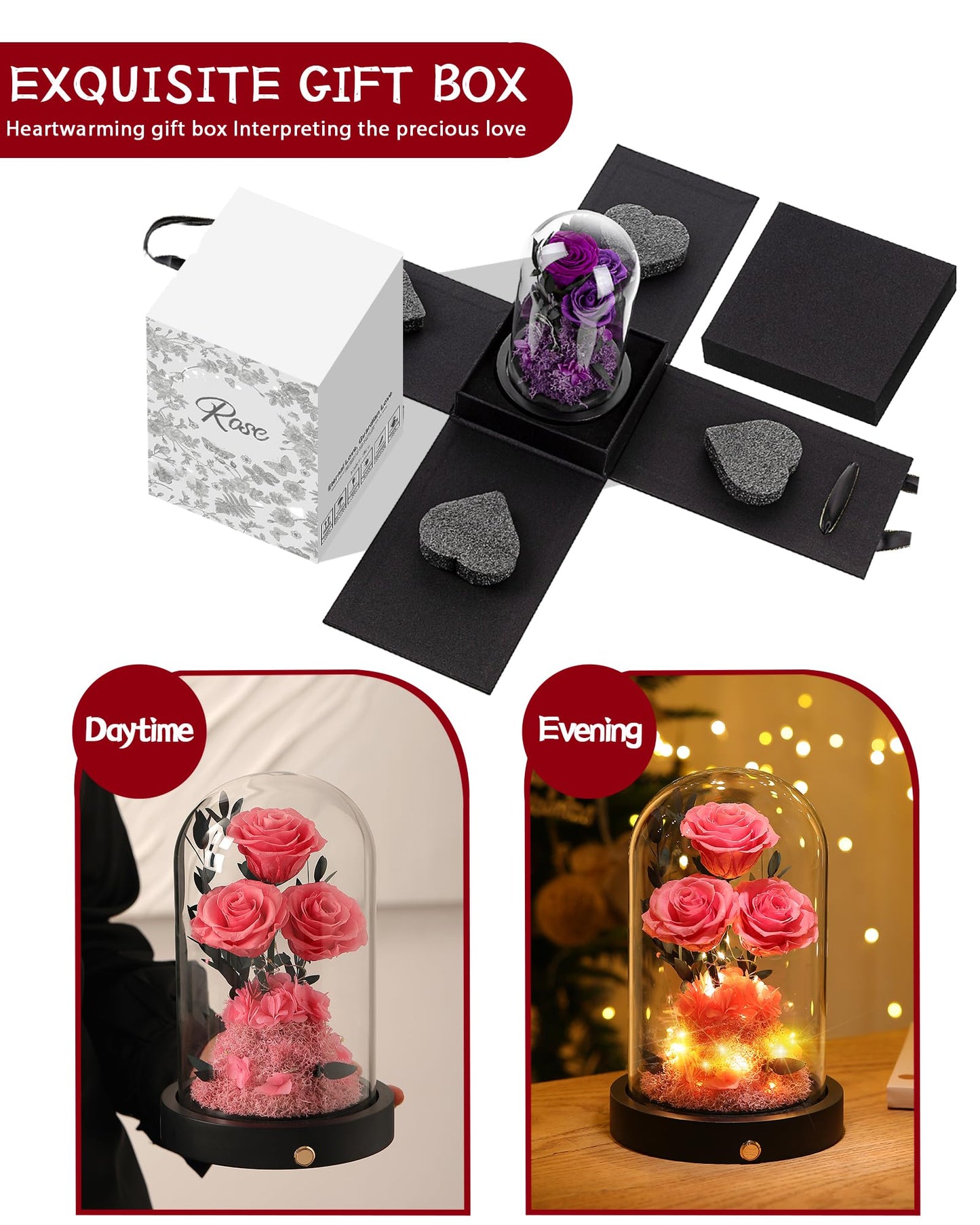 Valentines Day Flowers Roses Gifts for Her,Forever Real Preserved Roses in Glass Dome,Valentines Day Anniversary Birthday Gifts for Wife Girlfriend Women Mom Best Friend Her/Purple Rose
