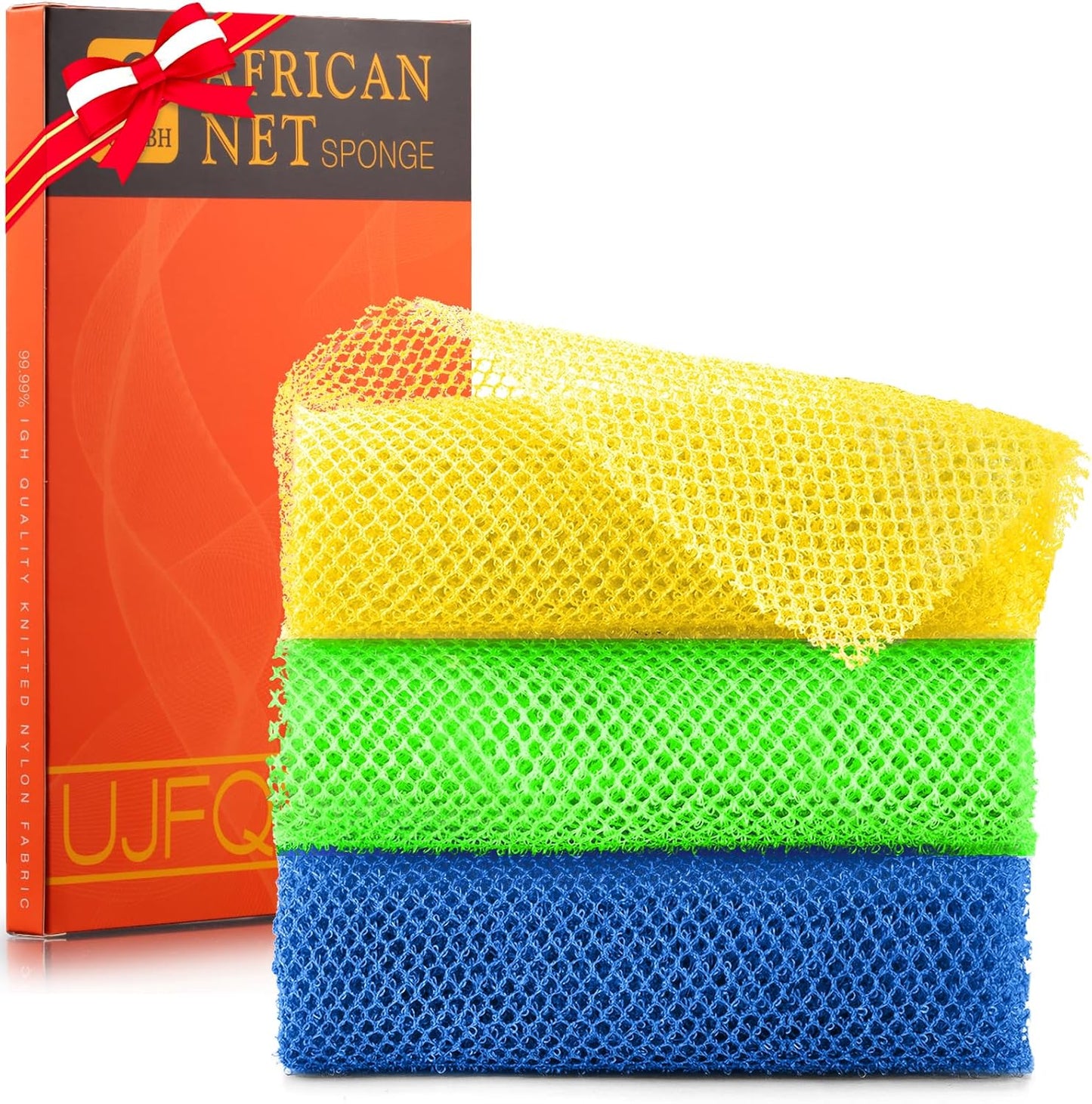 3-Piece African Net Bath Sponge Set | Exfoliating Body Scrubber | Black, Blue, Brown