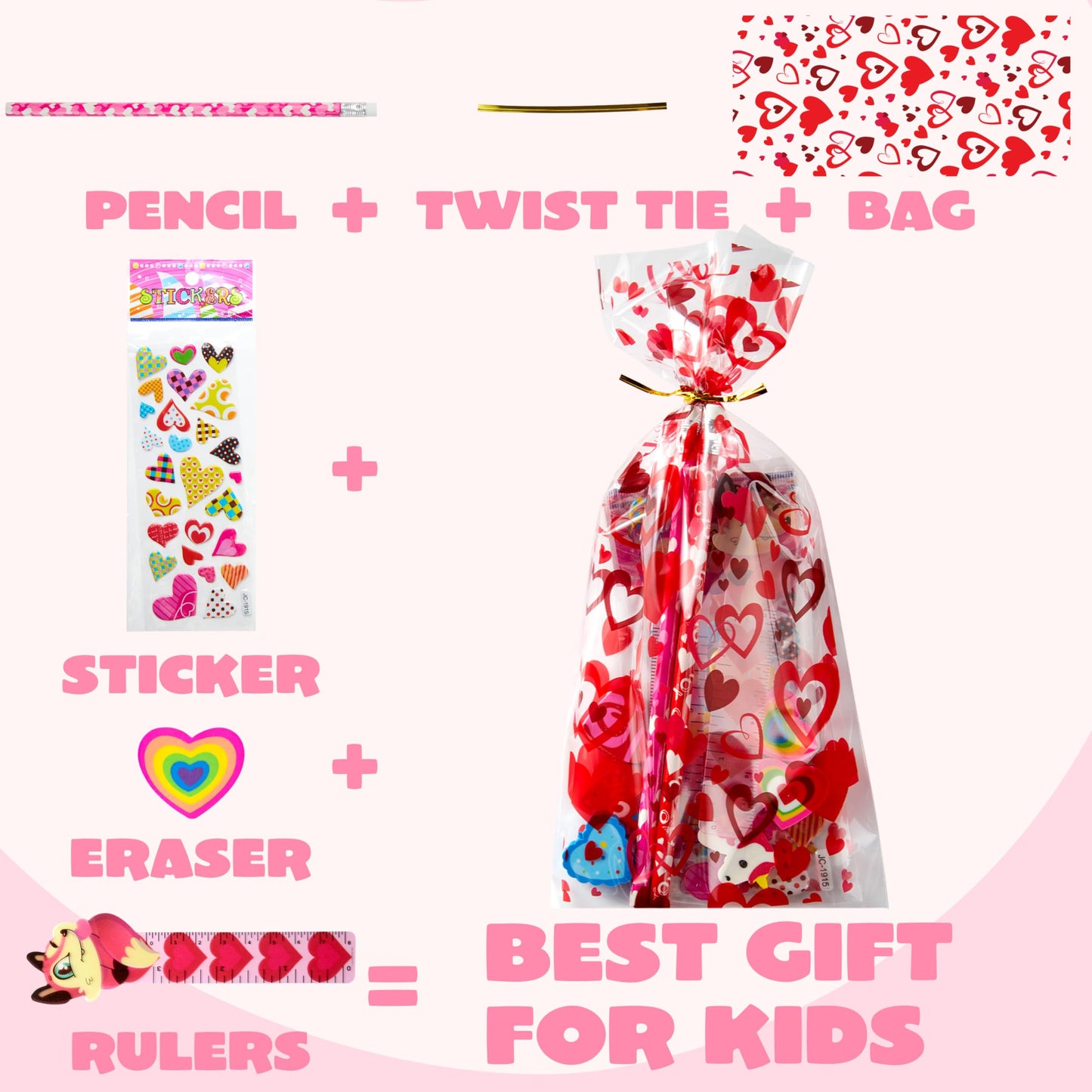 JOYIN 24packs Valentines Day Stationery Gifts, 96pcs Party Favor with Pencil, Erasers, Notebook & Bags for Kids School Classroom Exchange Supplies