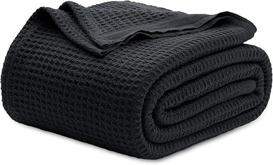 Bedsure 100% Cotton Blanket Queen Size for Bed - Breathable and Soft, Waffle Weave Blanket for Summer Spring, Black, 90x90 Inches