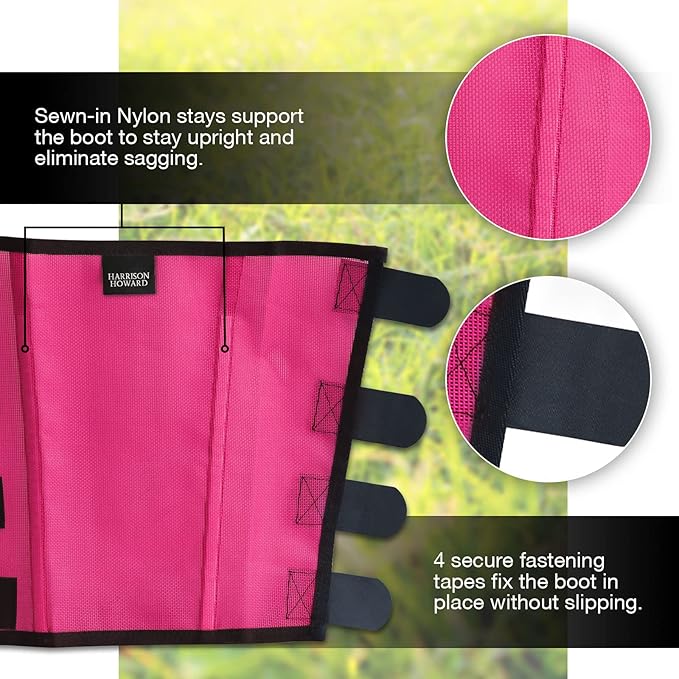 Harrison Howard Loose Fitting Fly Boots UV-Protective Extra Tough Mesh Ventilated Four Fasteners Stay-on Design Protect Horse Legs & Stomp-Reducing Set of 4 Magenta Mini