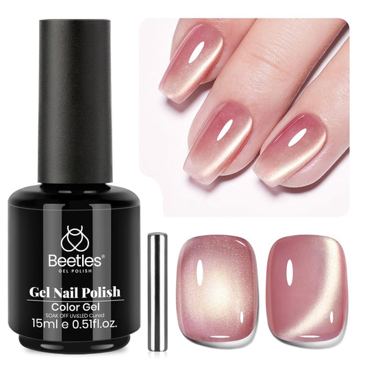 Beetles Pink Cat Eye Gel Nail Polish - 15ML Peach Pink Glass Cat Eye with Gold Powder Magnetic Glitter Gel Polish Soak Off UV Salon DIY French Nail Art Sunlit Champagne Collection Gift for Women
