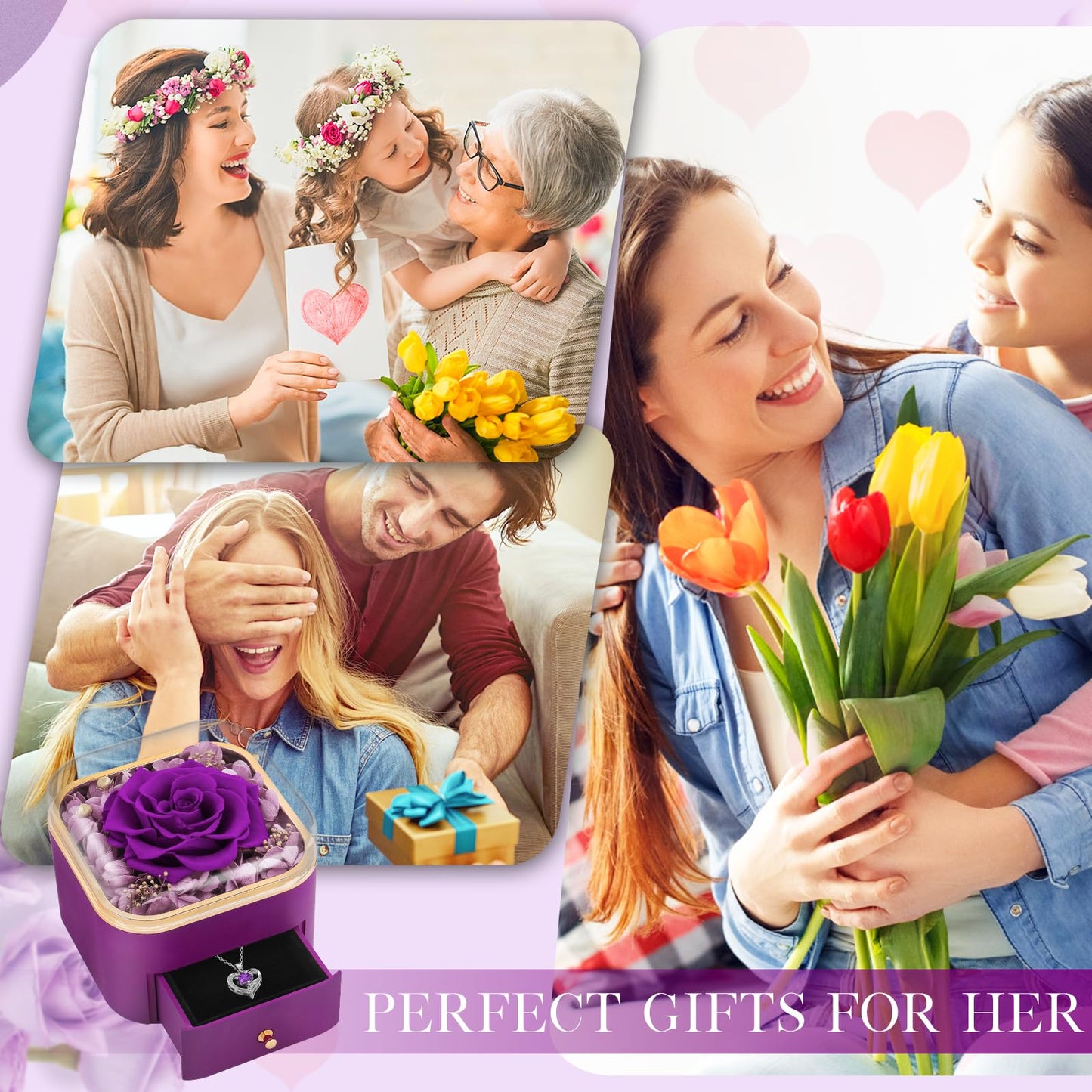Beferr Valentines Day Gifts for Her Preserved Real Rose with Necklace Eternal Roses Fresh Flowers for Delivery Prime Birthday Anniversary Purple Gifts for Women Mom Wife Daughter Grandma Girlfriend