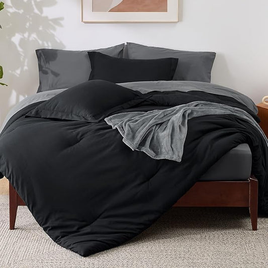 Bedsure Twin Comforter Set Black, 6 Pieces Prewashed Twin Size Bed in a Bag with Soft Fleece Bed Blanket, Down Alternative Bedding Set for All Seasons, Sheets, Pillowcase & Sham