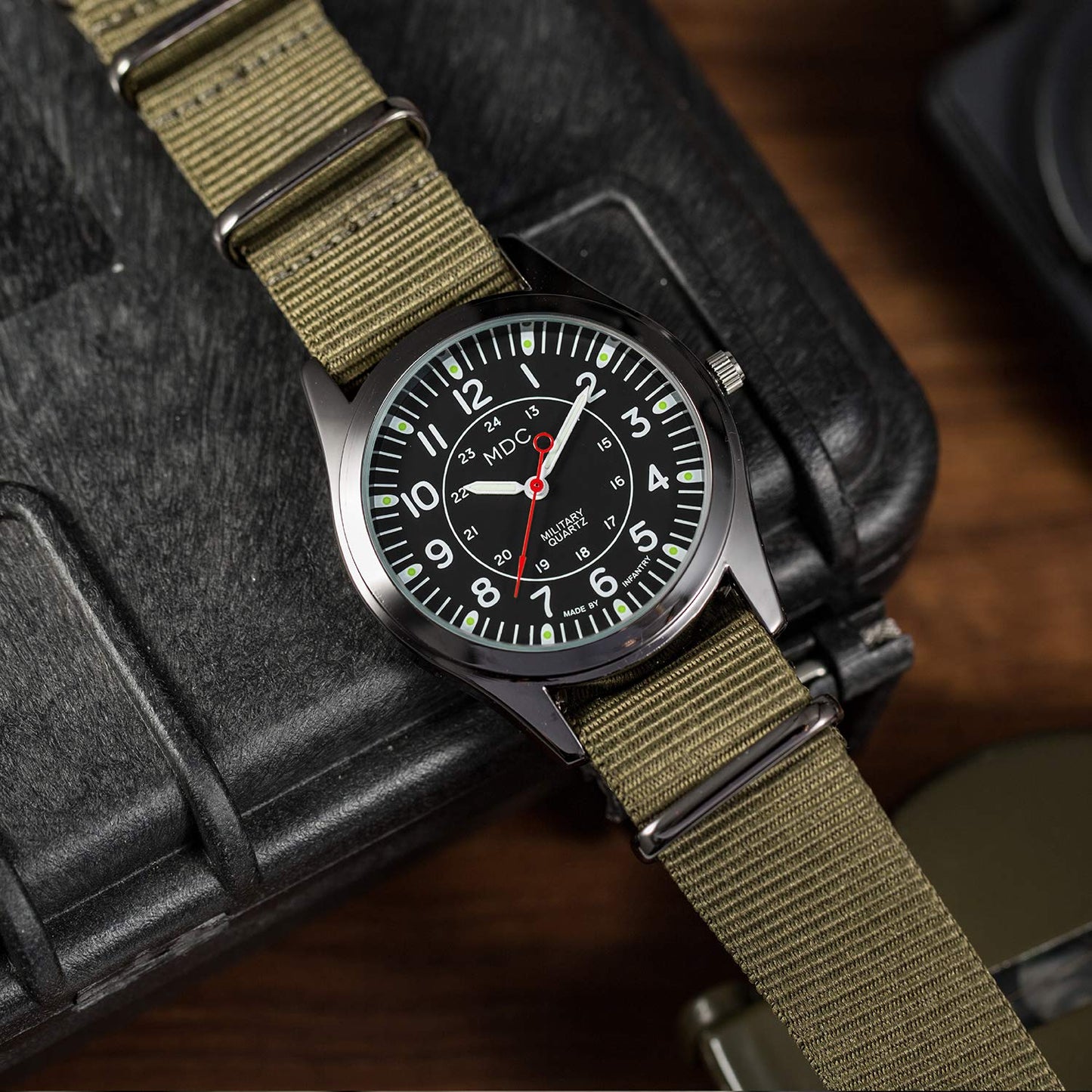 Infantry Black Military Watches for Men Tactical Wrist Watch Outdoor Sport Field Analog Work Army Wristwatch Men's Green Nylon Band by MDC