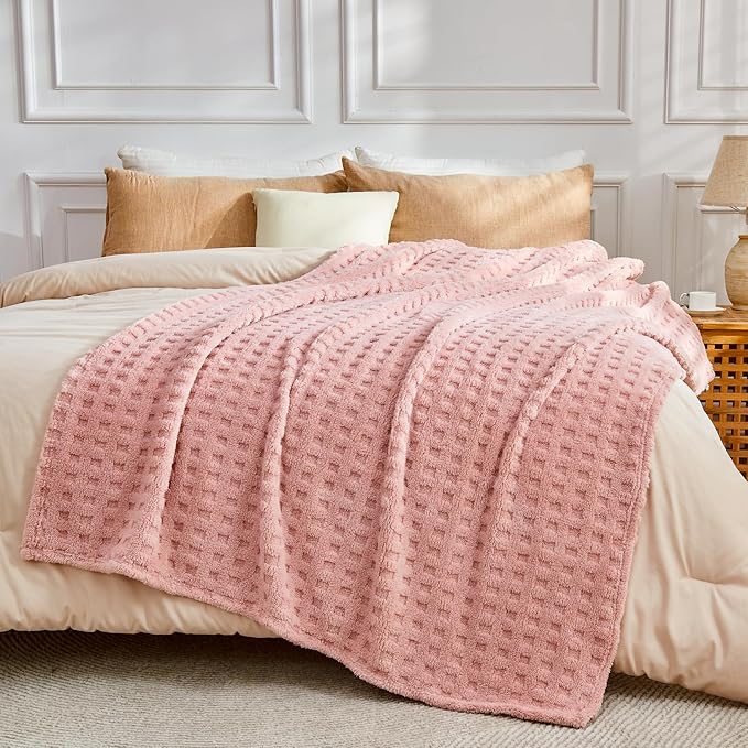 NEWCOSPLAY Super Soft King Blanket Pink Premium Silky Flannel Fleece 3D Waffle Checkered Lightweight Bed Blanket All Season Use (Pink, King(90"x110"))