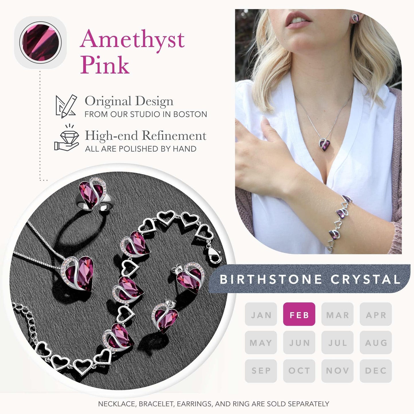 Leafael Valentine's Day Gift Necklaces for Women, Infinity Love Birthstone Heart Crystal Pendant, Birthday Anniversary Jewelry for Wife, Mom, and Her, Silver Plated, 18" + 2" Adjustable Chain