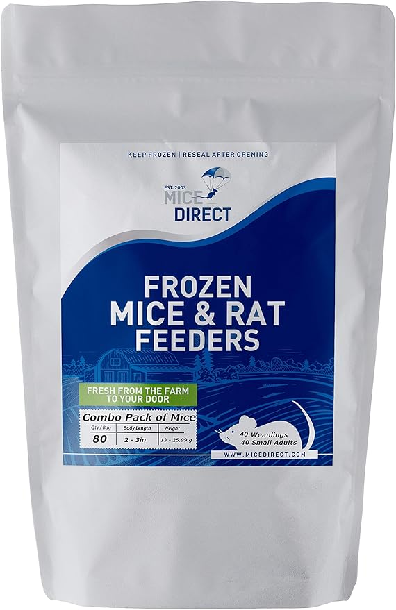 MiceDirect 80 Frozen Mice Combo Pack of 40 Weanlings and 40 Small Adult Feeders Snake Food for Mice for Adult Sand Boa Corn Milk Snakes (2-3 in)(Pack of 80)(1280 Grams Min)