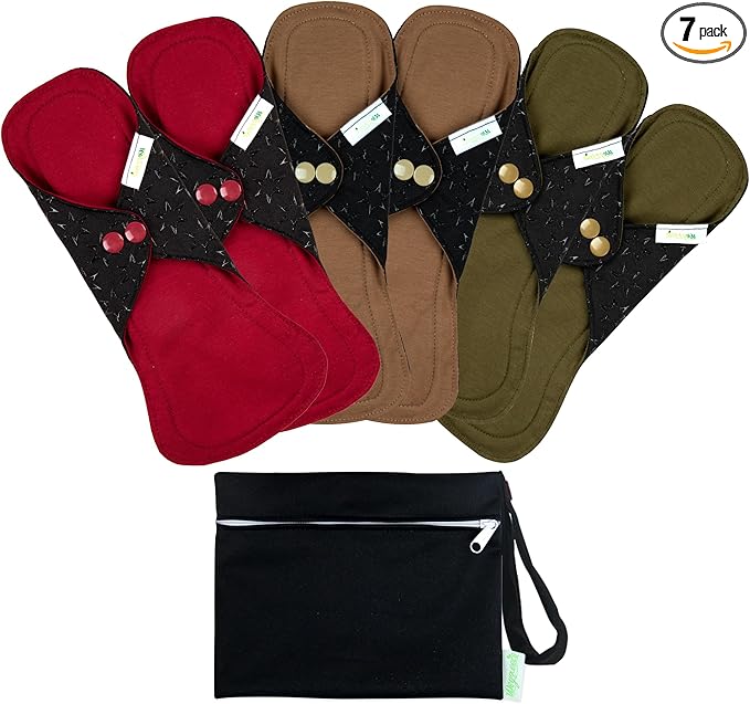 wegreeco 6 Pcs Reusable Menstrual Pads, Ultra Absorbent Cloth Pads for Light/Heavy Flow, Sanitary for Teens, Women, Nonslip Panty Liners + Bag (Aqua, Burgundy, Coffee, L)