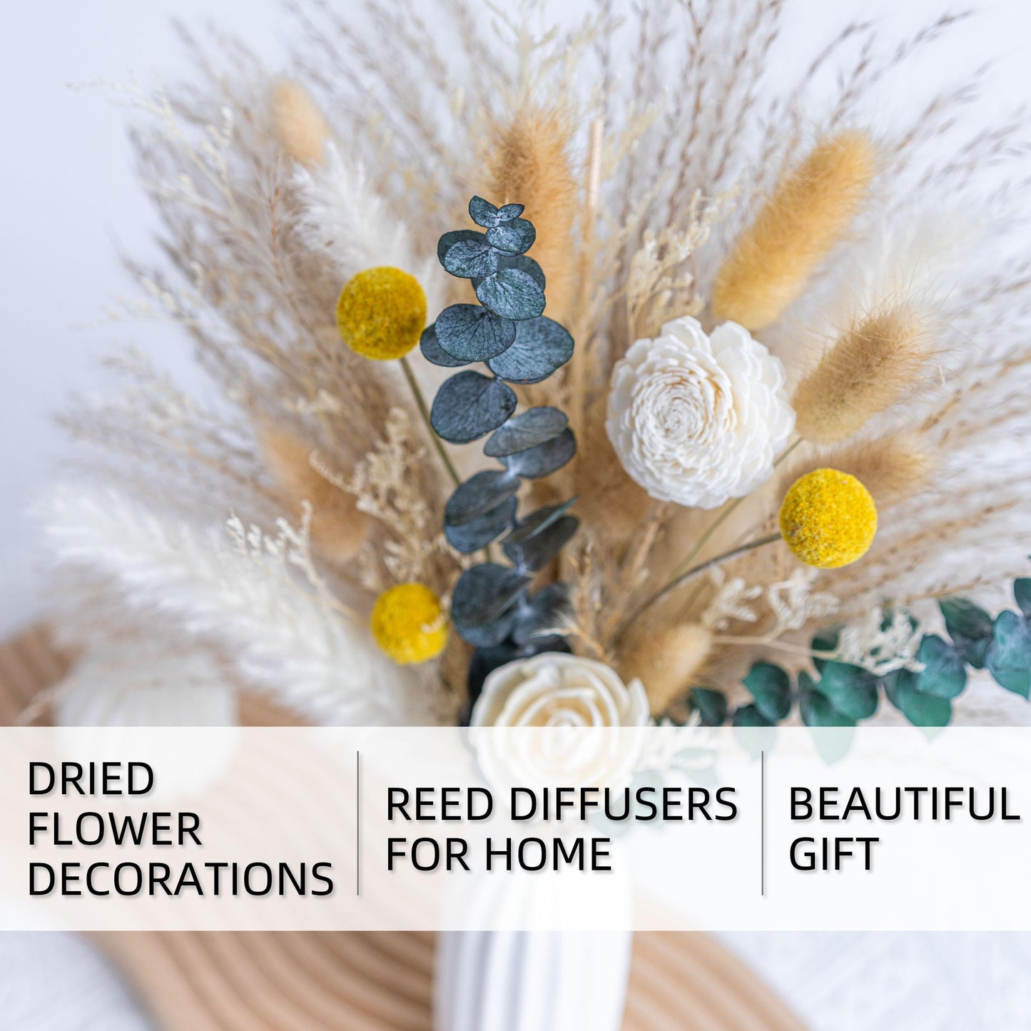 Pampas Grass Decor, Ceramic Vase Included, Dried Flowers Reed diffusers for Home,Dried Eucalyptus Arrangements,Dried Grass for Table Room Decor Wedding Party Birthday Decor (WhiteGreen)