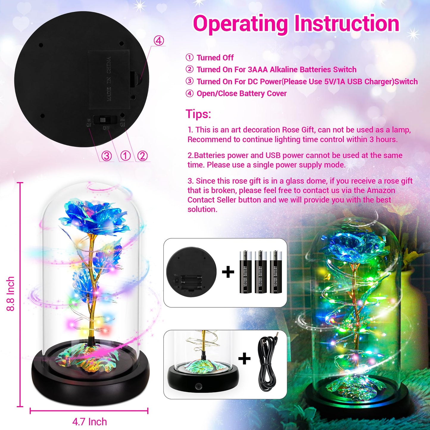 Childom Valentines Day Rose Gifts for Her,Birthday Gifts for Women Mom Mothers Day,Flowers for Delivery Prime,Rotating Blue Light Up Rose in A Glass Dome,Anniversary Valentines Rose Gift for Wife