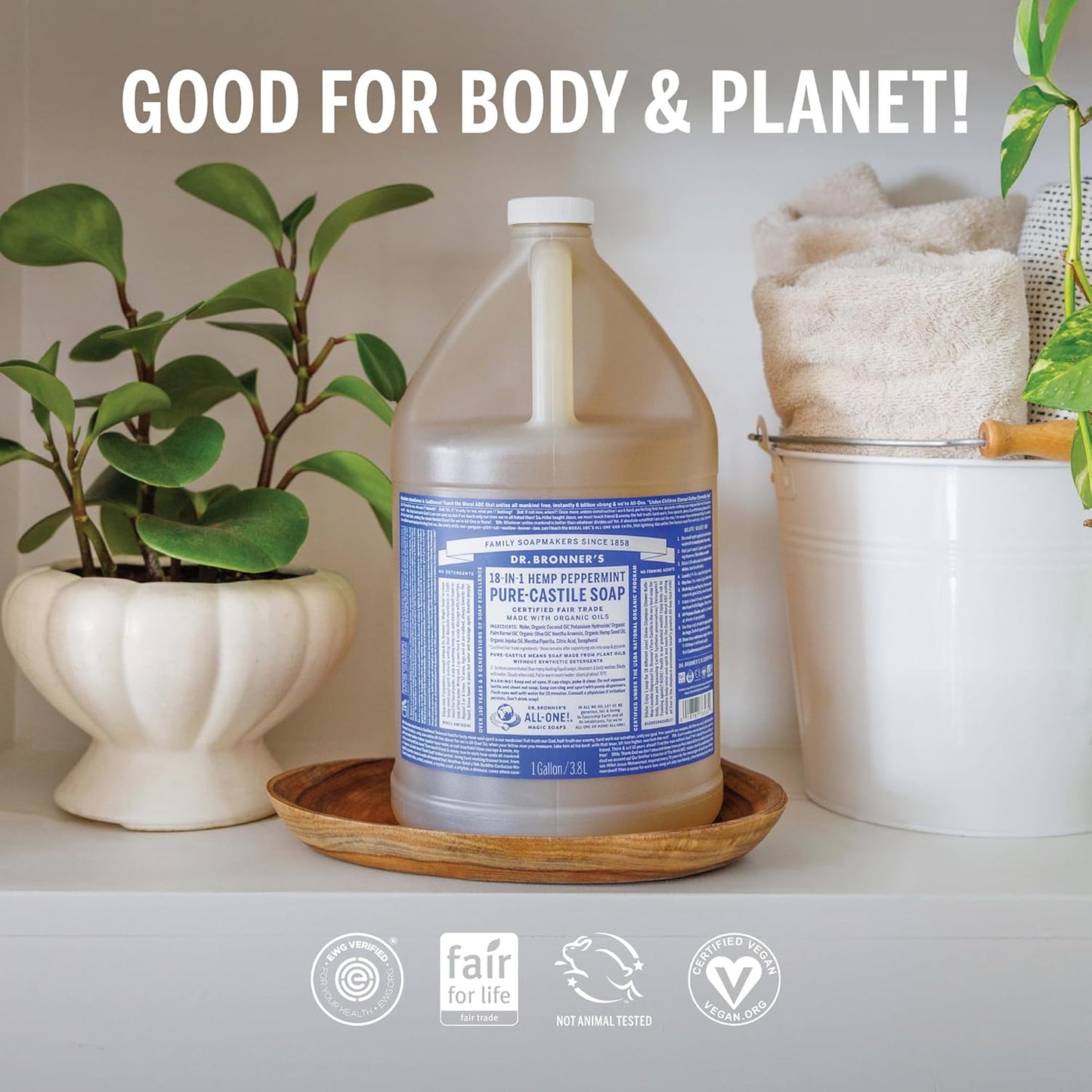 Dr. Bronner's Pure-Castile Soap | Peppermint Liquid, 1 Gallon – Eco-Friendly Hand & Body Wash
