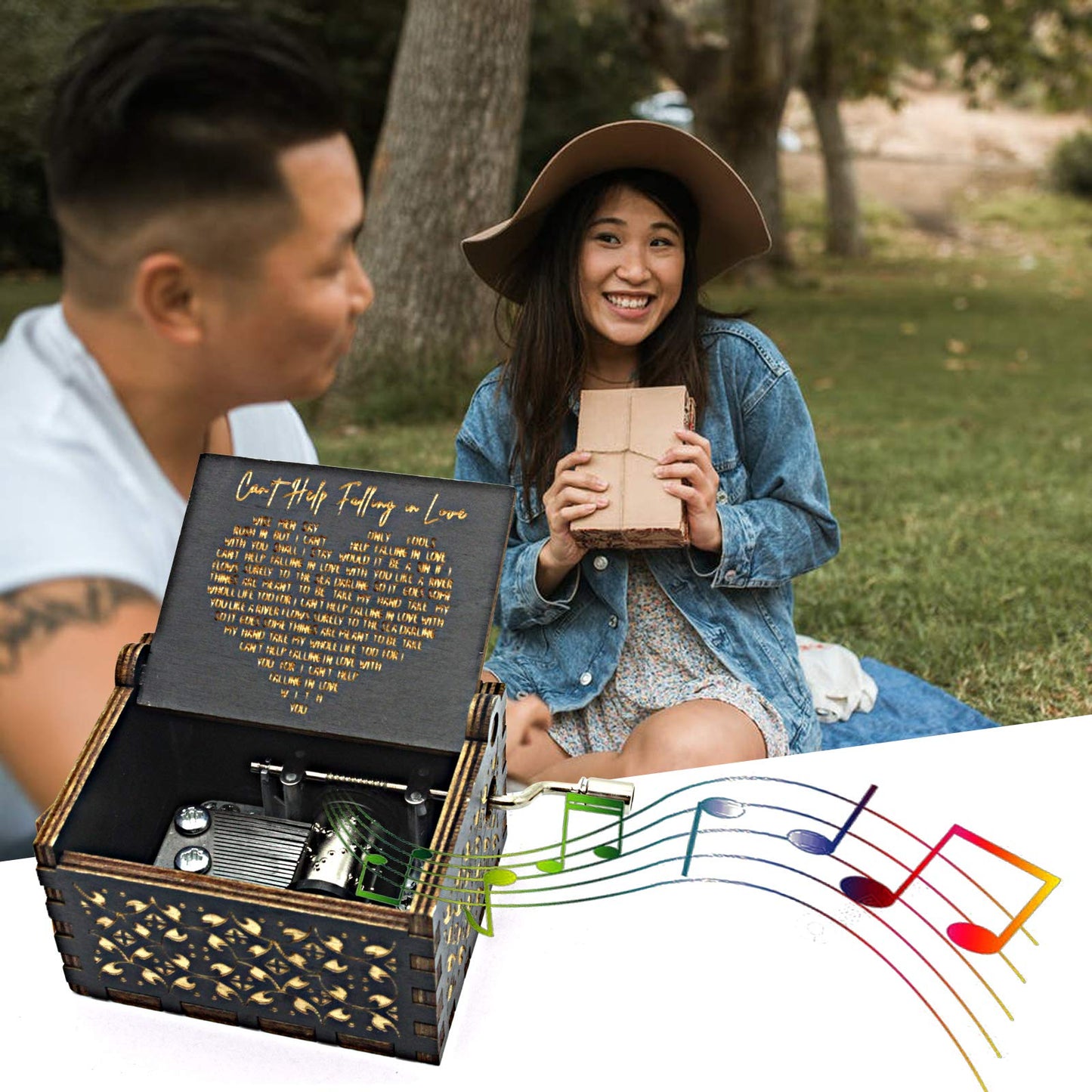 byykit Can't Help Falling in Love Wood Music Box, Antique Engraved Musical Boxes Case for Love One Wooden Music Box - Gifts for Lover, Boyfriend, Girlfriend, Husband, Wife (Black)