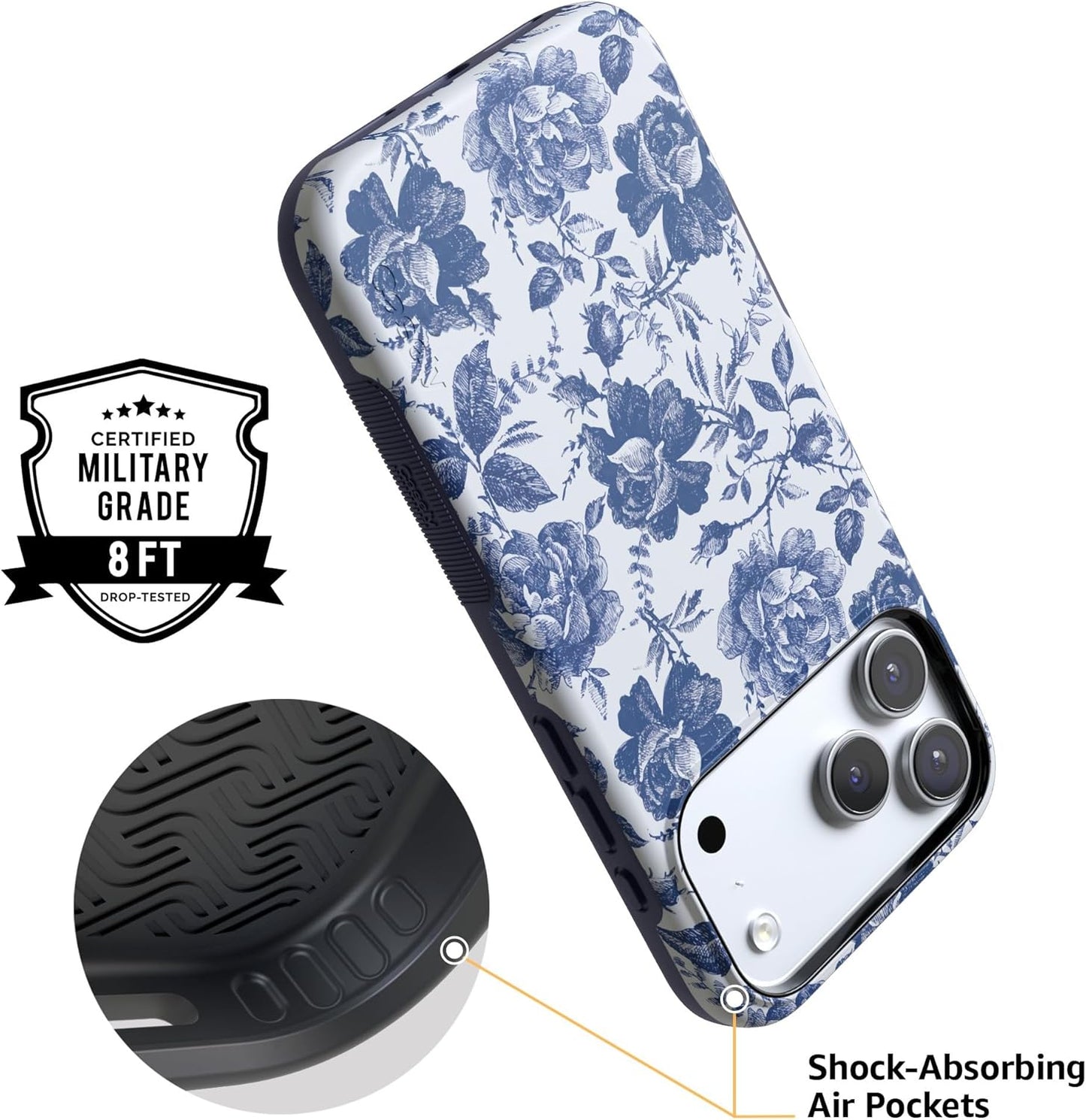 Casely iPhone 17 Pro Max Case | Rose to Fame | Blue & White Rose Floral | Compatible with MagSafe | Bold Protective Design