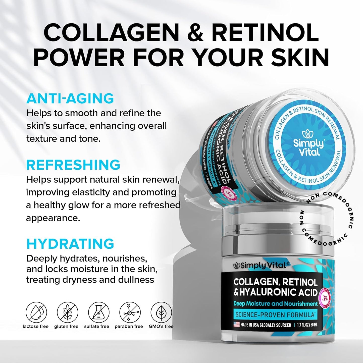Anti-Aging Retinol Cream | Collagen & Hyaluronic Acid | Daily Moisturizer - 3.38 fl oz