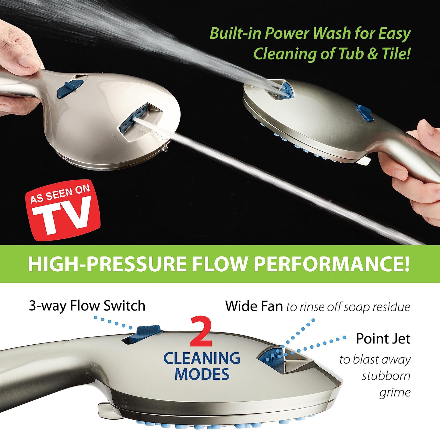 Hotel Spa AquaCare High Pressure 8-mode Handheld Shower Head - Anti-clog Nozzles, Built-in Power Wash to Clean Tub, Tile & Pets, Extra Long 6 ft. Hose, Wall & Overhead Brackets - 1.8 GPM